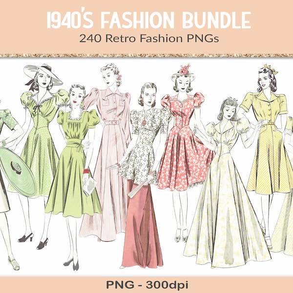 Vintage fashion clipart, 240 retro ladies png, printable graphics, 1940s vintage clipart, fashion illustration, digital ephemera (BD22)