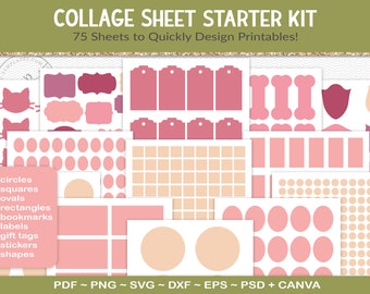 Collage sheet template starter kit, 75 template sheets incl circles, squares, ovals, rectangles, labels, bookmarks and gift tags (SKBD01)