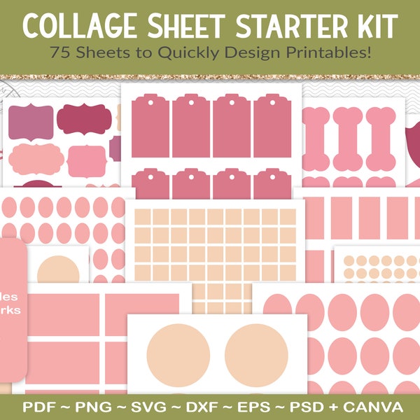 Collage sheet template starter kit, 75 template sheets incl circles, squares, ovals, rectangles, labels, bookmarks and gift tags (SKBD01)