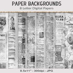 Grungy paper overlays, digital junk journal backgrounds, letter size distressed vintage catalogue pages for craft projects JVL21 image 1