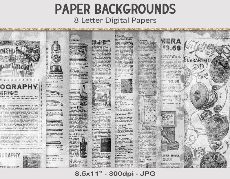 Grungy paper overlays, digital junk journal backgrounds, letter size distressed vintage catalogue pages for craft projects JVL21 image 1