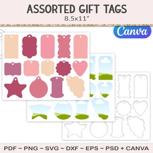 Gift tag SVG cutting files, printable craft cut file, 14 tag designs, birthday party tags, junk journal tags, blank tags, canva, psd (AG135)