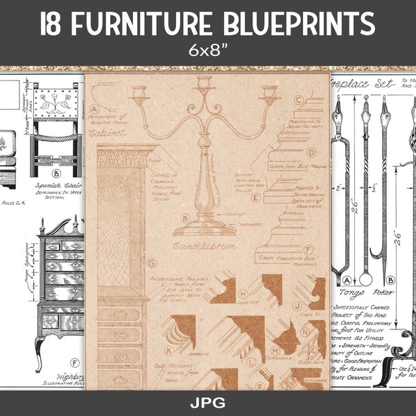 Junk journal ephemera, vintage book plates, furniture blueprints overlays, cabinet builder drawings, printable paper pages, JPG (RY33)