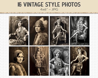 Flapper woman portrait photographs, 16 vintage style 1920s antique photos, vintage junk journal ephemera design elements (AP13)