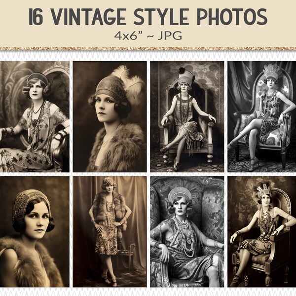 Flapper woman portrait photographs, 16 vintage style 1920s antique photos, vintage junk journal ephemera design elements (AP13)