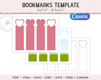 Collage sheet template, 2x7.5" hearts bookmark craft template printable, cut file journal rectangle tiles, card making, SVG, EPS, PNG (AG44)