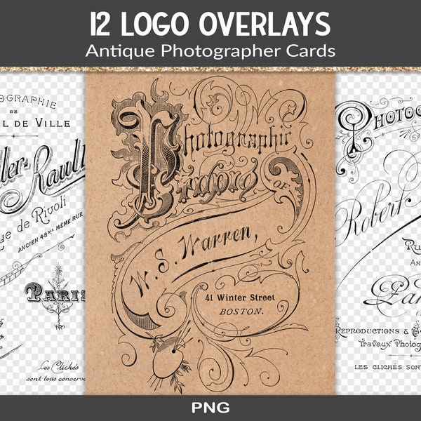 Antique photographer logo overlays, 12 vintage logo graphics, grungy digital junk journal elements, transparent PNG files (RY64)