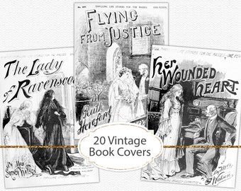 Victorian book covers, penny dreadful novel covers, vintage book illustrations, junk journal ephemera, printable paper pages, JPG (JVV33)