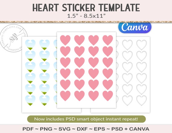 1.5 Heart Sticker Template, Party Printable Craft Template, SVG Cutting  File, Blank Sheet, Design Your Own, PNG, EPS AG58 