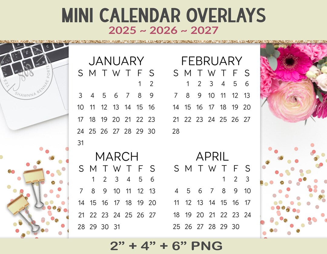 Mini Calendar Overlays, 20252027, 3 Sizes for Each Month, Individual