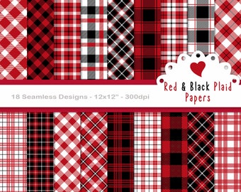 Red and Black buffalo plaid digital papers, seamless paper backgrounds, printable paper, scrapbook paper, gingham, checker plaid (P204)