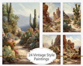 Vintage style paintings, 3x5 desert cactus landscapes, junk journal ephemera, junk journal elements, western desert scenes (AF63)