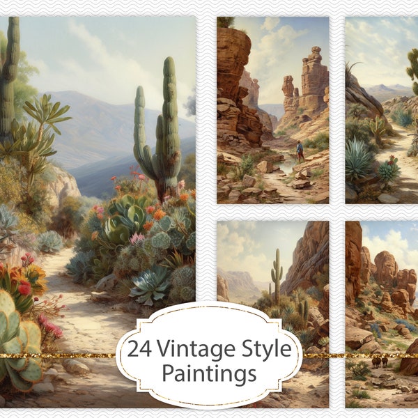 Vintage style paintings, 3x5 desert cactus landscapes, junk journal ephemera, junk journal elements, western desert scenes (AF63)