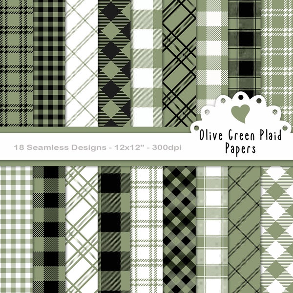 Sage green buffalo plaid digital papers, seamless paper backgrounds, printable craft paper, scrapbook paper, gingham, checker plaid (P192)