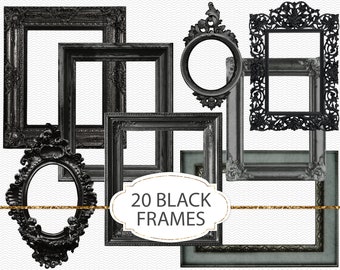 Black photo frames, junk journal ephemera, vintage ornate printable elements, 20 digital clipart picture frames, scrapbook design (JVV34)