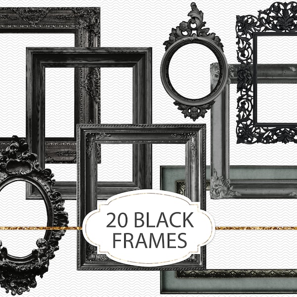 Black photo frames, junk journal ephemera, vintage ornate printable elements, 20 digital clipart picture frames, scrapbook design (JVV34)