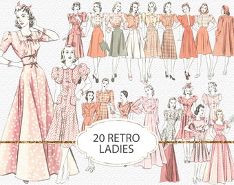 Retro fashion ladies PNG clipart, junk journal ephemera, printable vintage elements, 1940s fashion, vintage woman png graphics (JVV04)