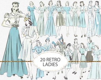 Retro fashion ladies PNG clipart, junk journal ephemera, printable vintage elements, 1940s fashion, vintage woman png graphics (JVV02)