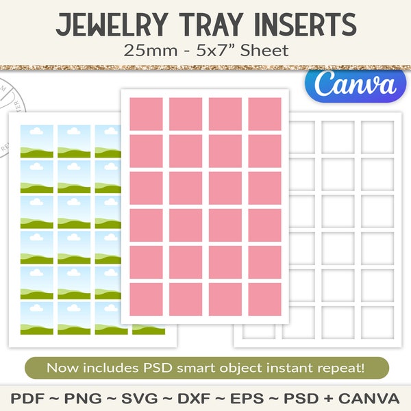 25mm square jewelry pendant tray template, tile collage sheet on 5x7" paper size, for cabochon bezel charm or cameo jewellery design (J22)