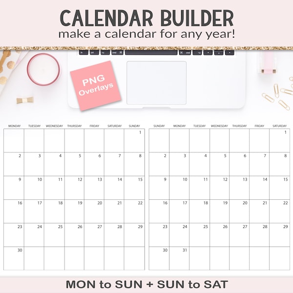 Beliebiges Jahreskalender Overlay, erstellen Sie Ihren eigenen Kalender, Kalender-Generator, minimalistisches ewiges Kalender-Design, 8-Zoll-PNG-Overlay (CB102)