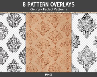 Grungy pattern overlays, PNG paper patterns, damask overlays, distressed pattern overlays, digital junk journal design elements (RY12)