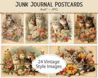 Vintage style postcards, 4x6 victorian era kitten images, junk journal ephemera, junk journal elements, vintage trading cards (AF07)