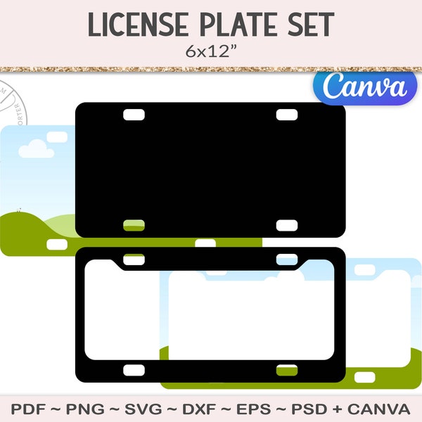 Car license plate and frame template set, printable craft cut file, sublimation DIY personalization, psd, svg, eps, dxf, png (CC26)