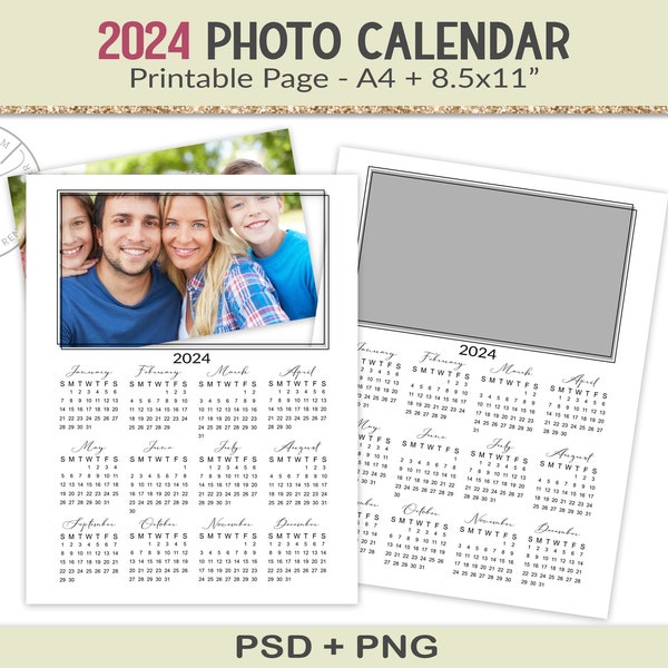 2024 photo calendar template, year at glance calendar printable, design your own calendar gift, family portrait printable, PSD, PNG (CP1)