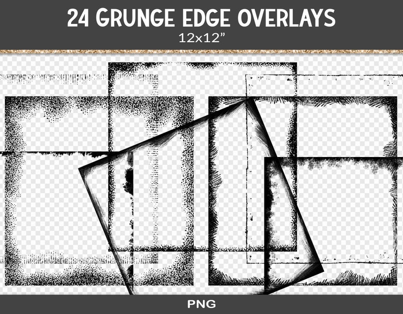 Grunge edge scrapbook overlays, black paper frame overlay, 12x12 size png clipping masks, digital junk journal design elements RY20 image 1