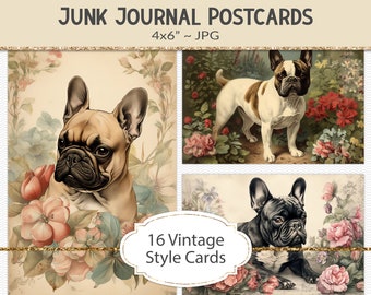 French Bulldog vintage style postcards, 4x6" victorian era style illustrations, junk journal ephemera, vintage graphic art cards (AF35)