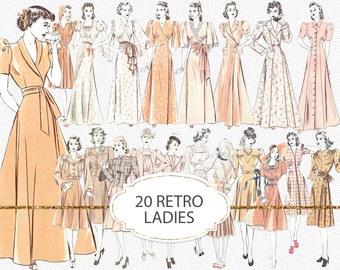 Retro fashion ladies PNG clipart, junk journal ephemera, printable vintage elements, 1940s fashion, vintage woman png graphics (JVV15)