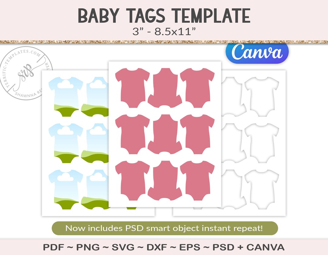3" Baby Onsie Gift Tag Template, Party Printable Craft Template, Baby ...
