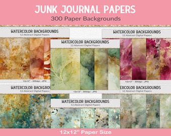 Junk journal paper bundle, 12x12 abstract watercolor backgrounds, floral, nature grunge textures, printable scrapbook backdrops (BD39)