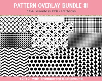 Pattern overlays bundle, 104 seamless pattern sheets with transparent backgrounds, 12x12" scrapbook papers for CU, PNG, JPG (BD15)