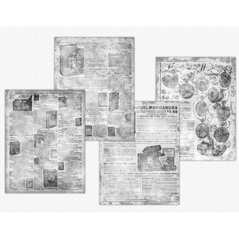 Grungy paper overlays, digital junk journal backgrounds, letter size distressed vintage catalogue pages for craft projects JVL21 image 3