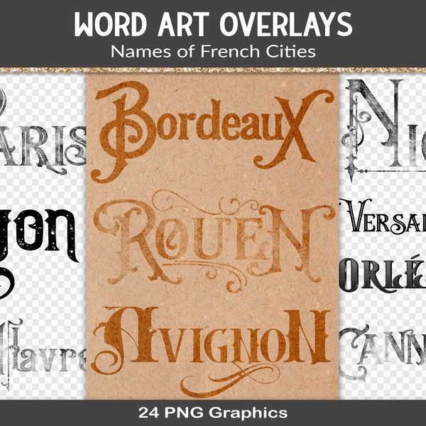 French city name overlays, vintage text designs for junk journal or scrapbooking, digital junk journal design elements (RY15)