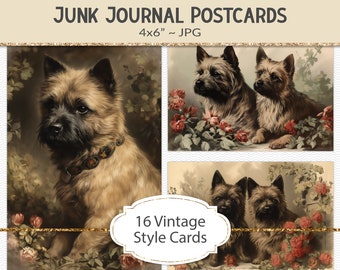 Cairn Terrier vintage style postcards, 4x6" victorian era style illustrations, junk journal ephemera, vintage graphic art cards (AF30)