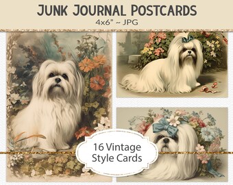 Maltese dog vintage style postcards, 4x6" victorian era style illustrations, junk journal ephemera, vintage graphic art cards (AF42)