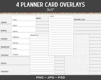 Note card overlay templates, junk journal design assets, set of 4 overlay cards, 3x5" editable designs, PSD, PDF, PNG (RY26)