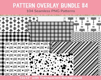 Pattern overlays bundle, 104 seamless pattern sheets with transparent backgrounds, 12x12" scrapbook papers for CU, PNG, JPG (BD18)