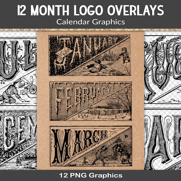 Antique calendar moth graphic overlays, 12 vintage logo graphics, grungy digital junk journal elements, transparent PNG files (RY96)