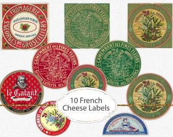 Junk journal ephemera, french vintage cheese labels, printable paper elements, 10 food junk journal elements, old label clipart PNG (JVV31)