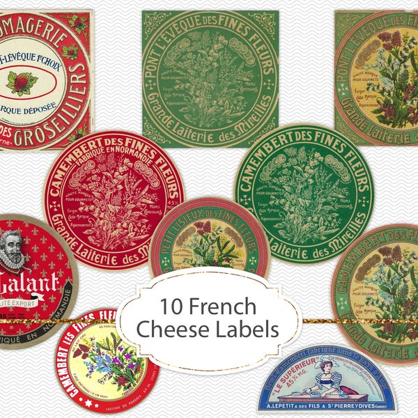 Junk journal ephemera, french vintage cheese labels, printable paper elements, 10 food junk journal elements, old label clipart PNG (JVV31)