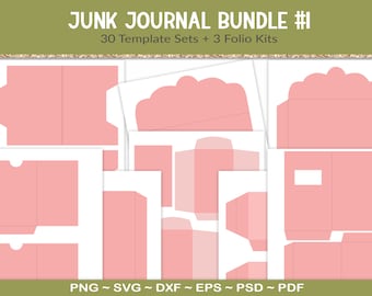 Junk journal template bundle with 33 template sets, folio journal template, tabs, tags and cards, pocket envelopes, SVG, PDF, PSD (BD19)