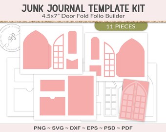 Double door folio, junk journal template, 4.5x7" cathedral folio, SVG cutting file, printable craft supply, junk journaling, EPS, PSD (JL27)