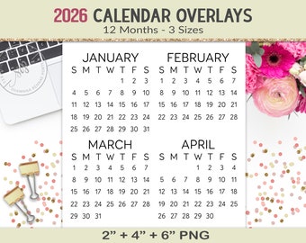 2026 mini calendar overlays, 12 months, 3 sizes individual PNG graphics, planner page calendar insert, transparent background, digital (C1S)