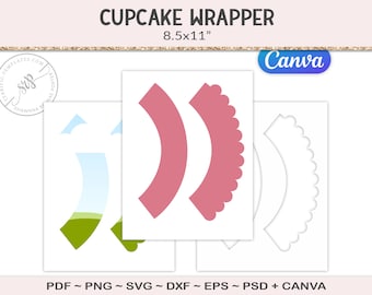 Cupcake wrapper template, plain and scalloped, party printable crafts, cutting file and canva template PSD, PNG, SVG (AG80)