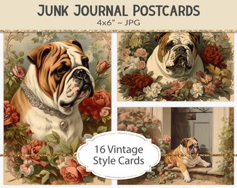 English Bulldog vintage style postcards, 4x6" victorian era style illustrations, junk journal ephemera, vintage graphic art cards (AF48)