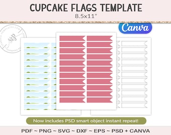 Cupcake flag template, party printable craft template, mini food flag, cutting file, straw flag, canva template, PSD, PNG, SVG (AG85)