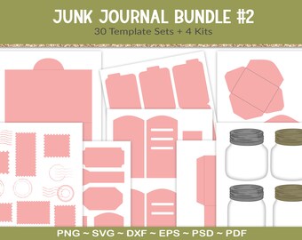 Junk journal template bundle with 34 template sets, folio journal template, tabs, tags and cards, pocket envelopes, SVG, PDF, PSD (BD20)